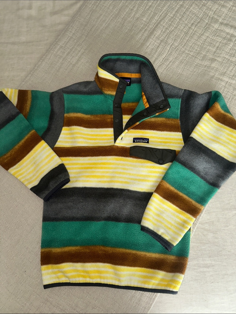 Rare Patagonia Men's Striped Fleece Snap-Neck Pullover - Green/Yellow/Gray/Brown